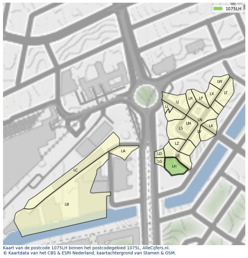 Afbeelding van het postcodegebied 1075 LH op de kaart.