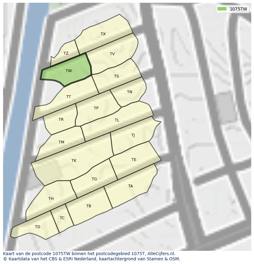 Afbeelding van het postcodegebied 1075 TW op de kaart.