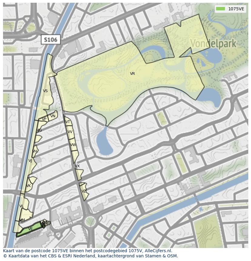 Afbeelding van het postcodegebied 1075 VE op de kaart.