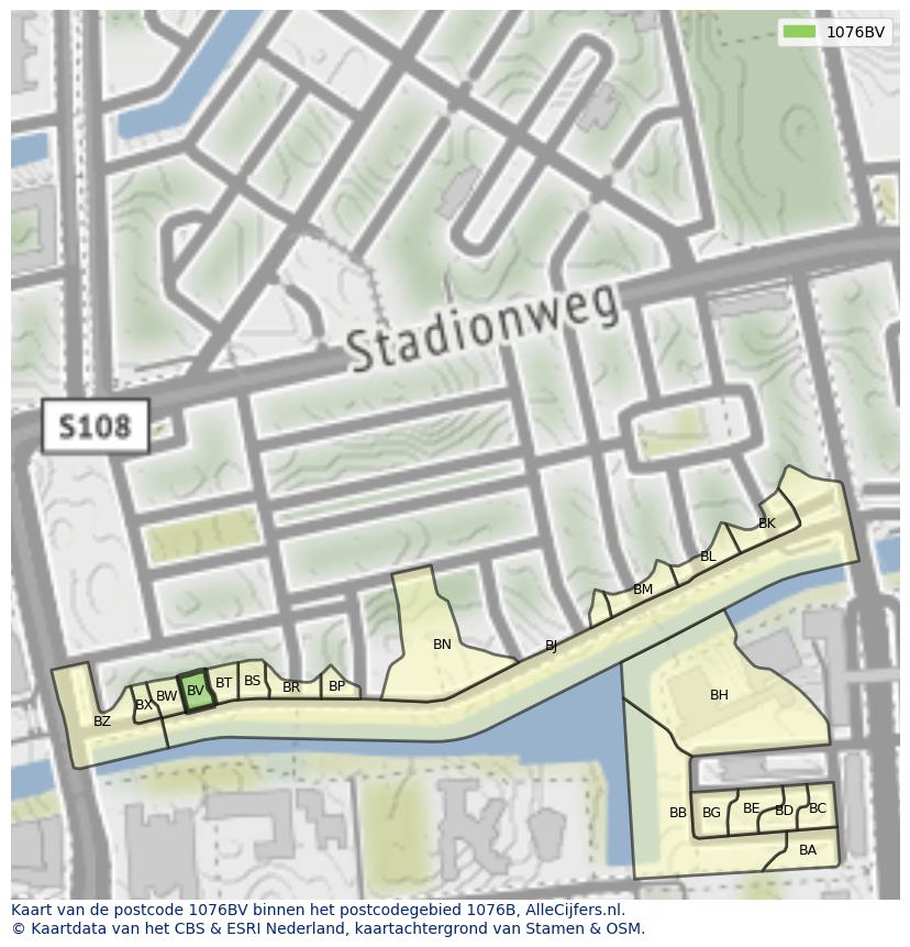 Afbeelding van het postcodegebied 1076 BV op de kaart.