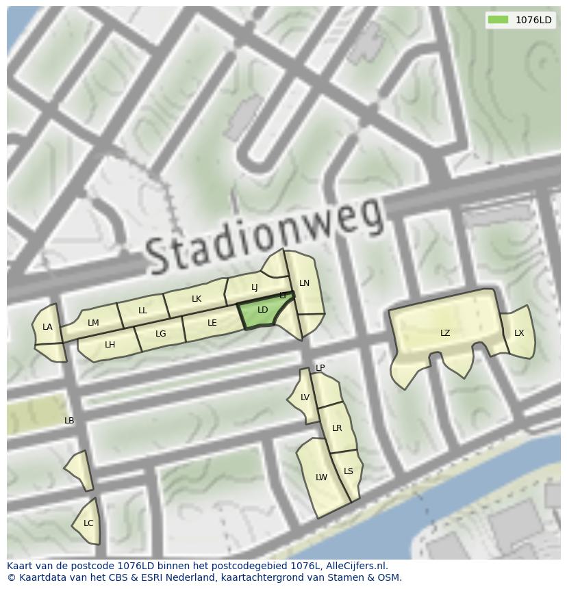 Afbeelding van het postcodegebied 1076 LD op de kaart.