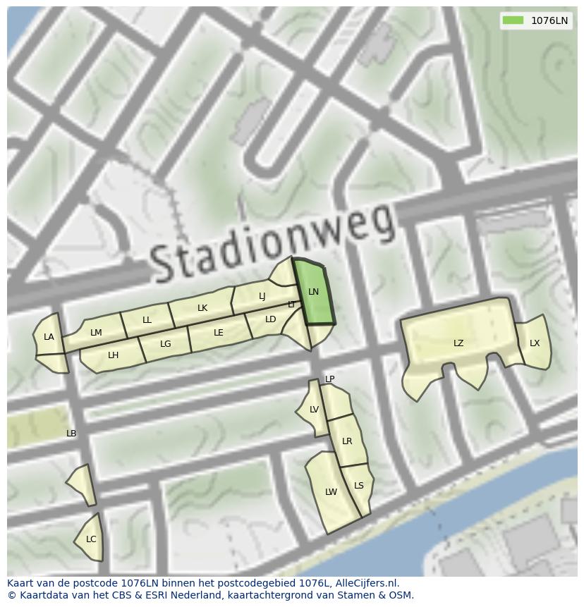 Afbeelding van het postcodegebied 1076 LN op de kaart.