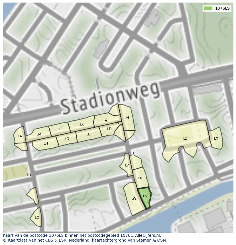 Afbeelding van het postcodegebied 1076 LS op de kaart.