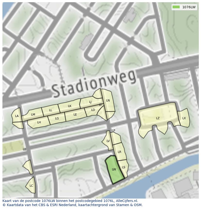 Afbeelding van het postcodegebied 1076 LW op de kaart.