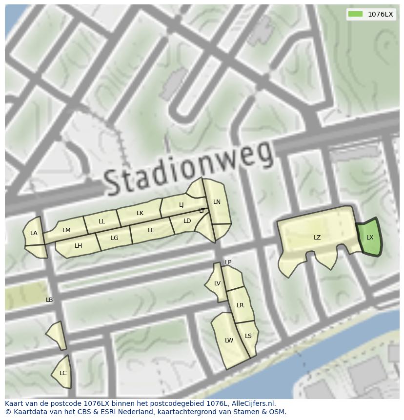 Afbeelding van het postcodegebied 1076 LX op de kaart.