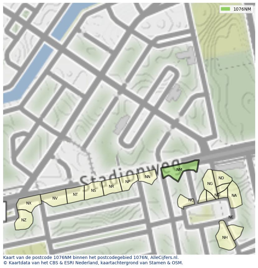 Afbeelding van het postcodegebied 1076 NM op de kaart.