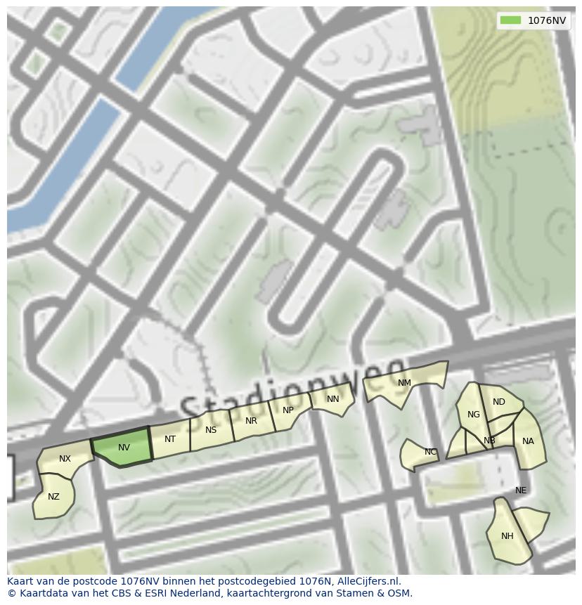 Afbeelding van het postcodegebied 1076 NV op de kaart.