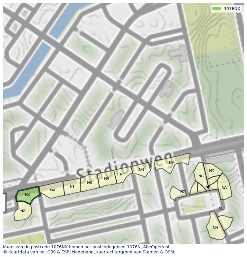 Afbeelding van het postcodegebied 1076 NX op de kaart.