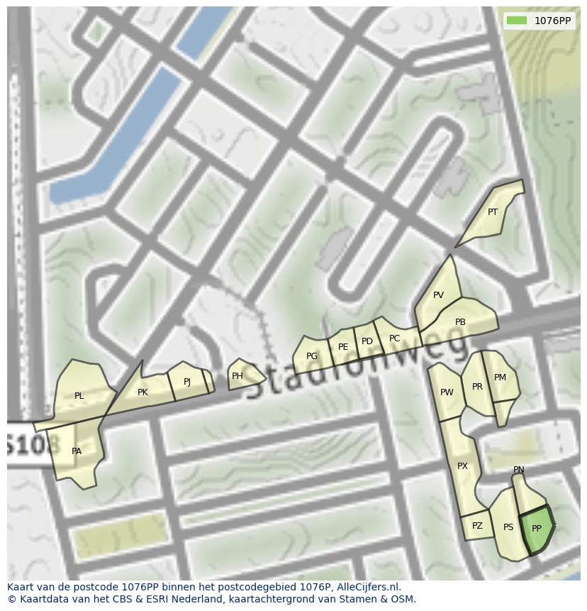 Afbeelding van het postcodegebied 1076 PP op de kaart.