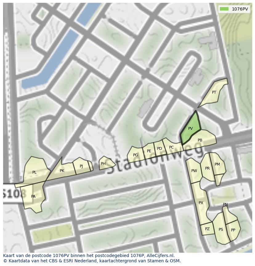 Afbeelding van het postcodegebied 1076 PV op de kaart.