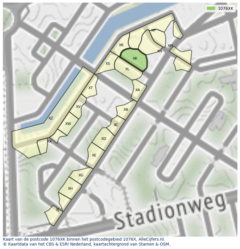 Afbeelding van het postcodegebied 1076 XK op de kaart.