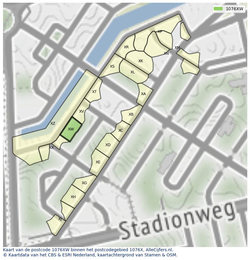 Afbeelding van het postcodegebied 1076 XW op de kaart.