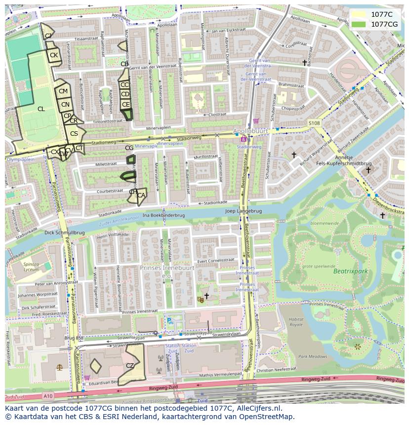 Afbeelding van het postcodegebied 1077 CG op de kaart.