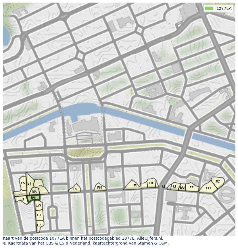 Afbeelding van het postcodegebied 1077 EA op de kaart.