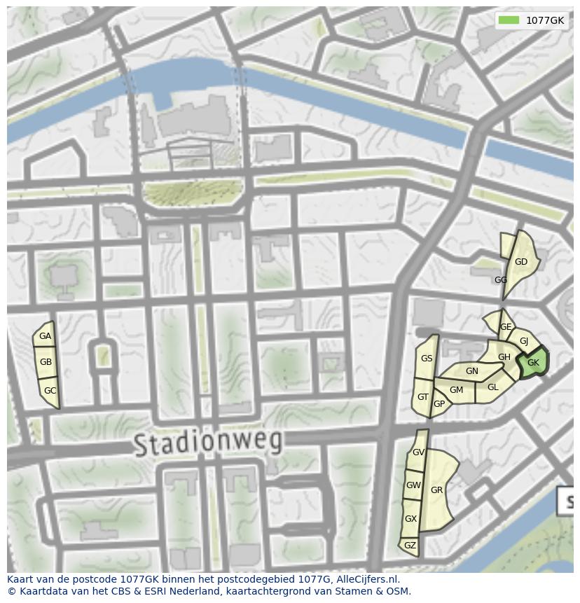 Afbeelding van het postcodegebied 1077 GK op de kaart.
