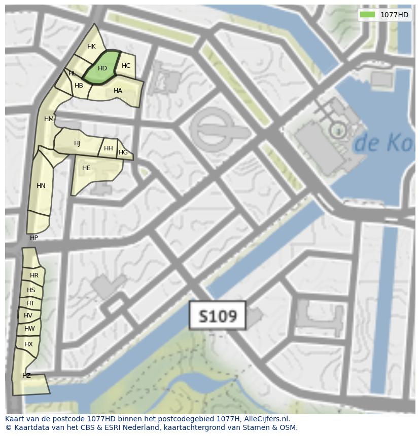 Afbeelding van het postcodegebied 1077 HD op de kaart.