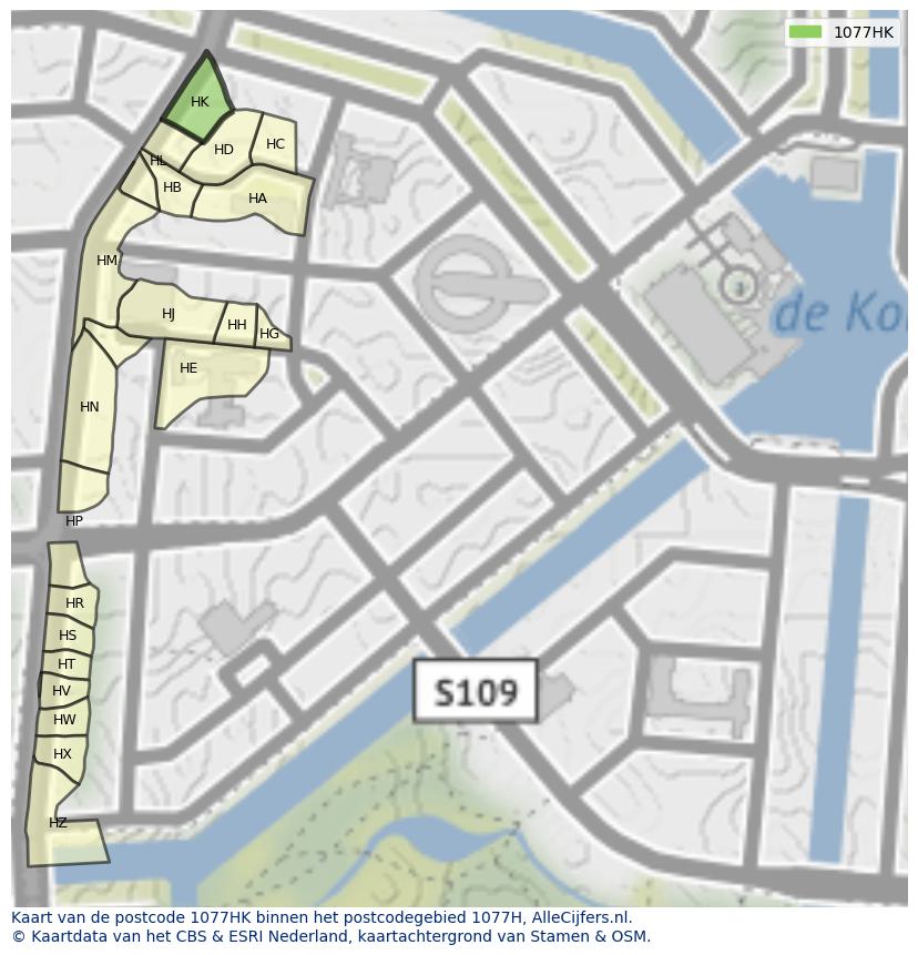 Afbeelding van het postcodegebied 1077 HK op de kaart.