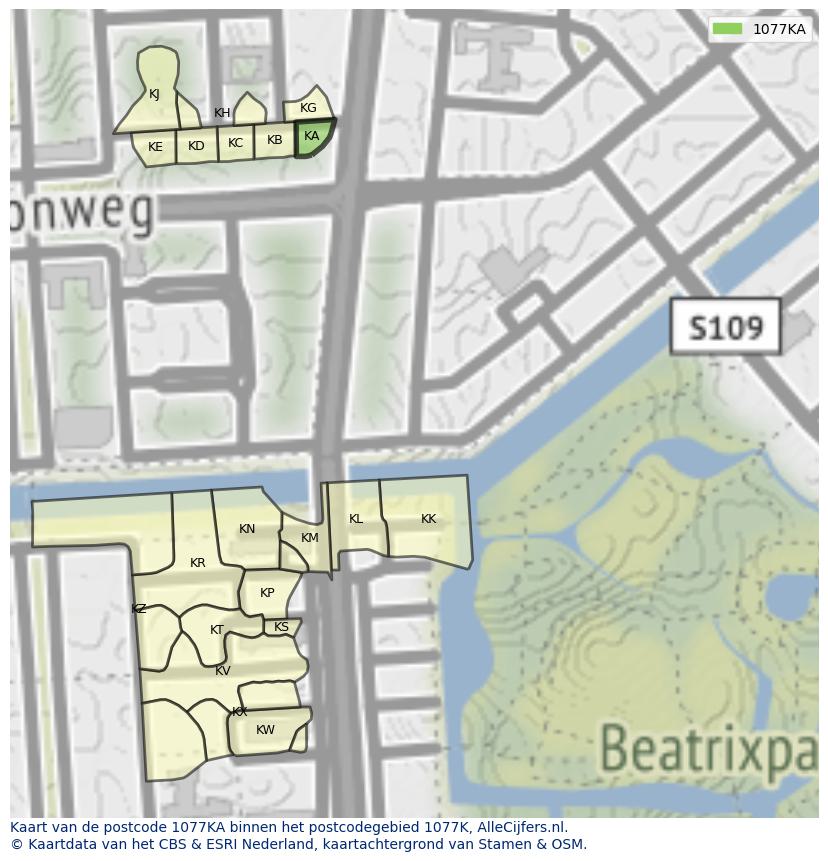 Afbeelding van het postcodegebied 1077 KA op de kaart.