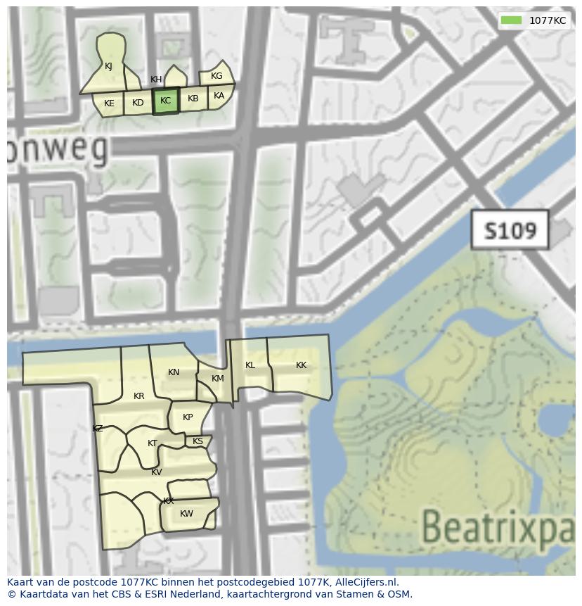 Afbeelding van het postcodegebied 1077 KC op de kaart.