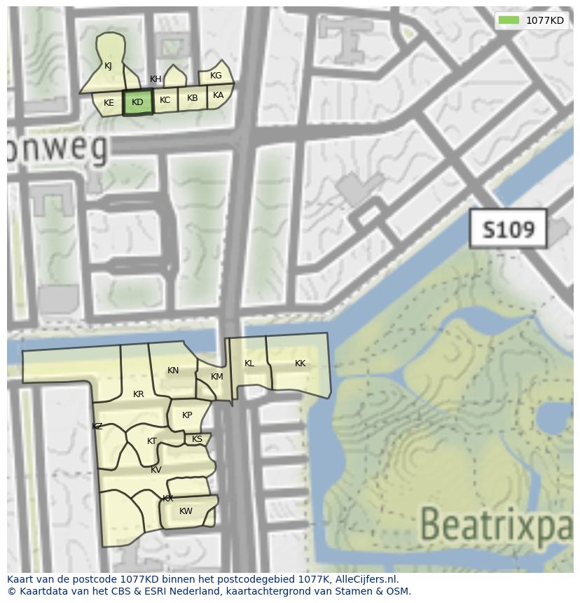 Afbeelding van het postcodegebied 1077 KD op de kaart.