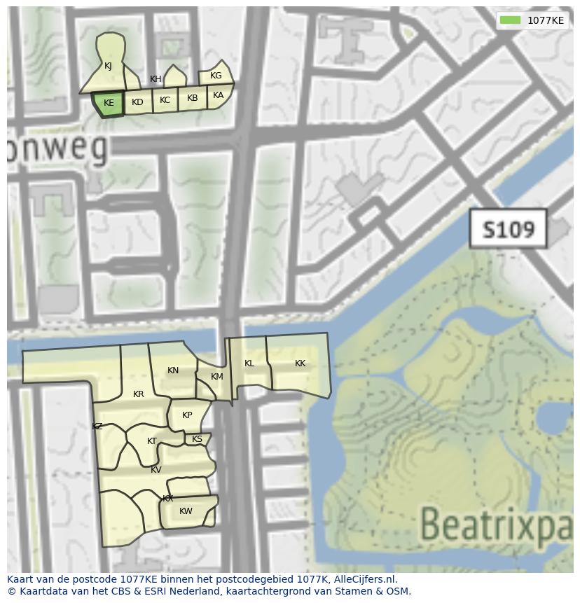 Afbeelding van het postcodegebied 1077 KE op de kaart.