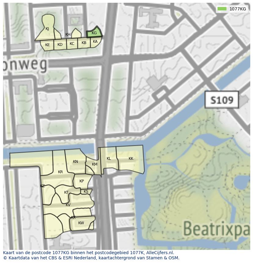 Afbeelding van het postcodegebied 1077 KG op de kaart.