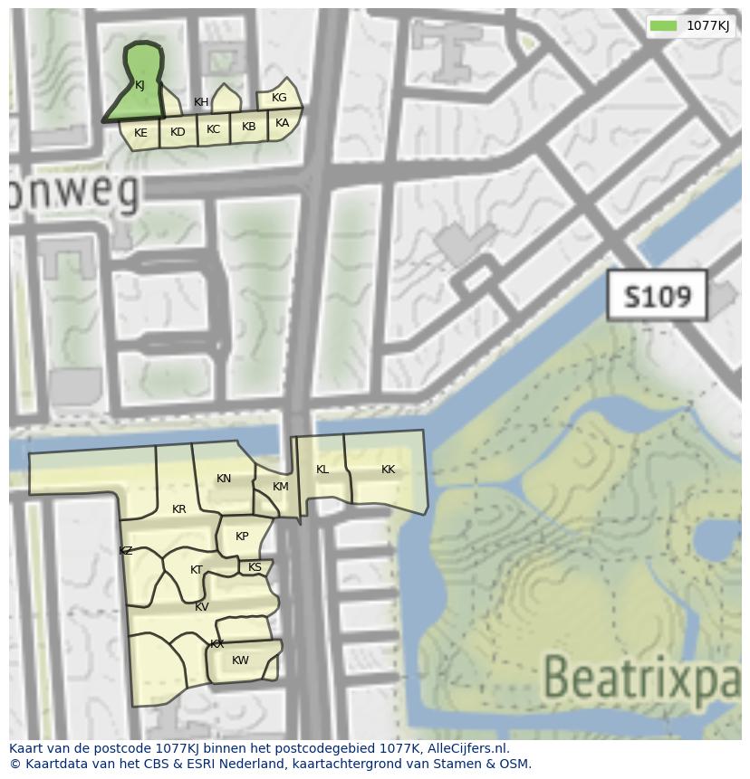 Afbeelding van het postcodegebied 1077 KJ op de kaart.