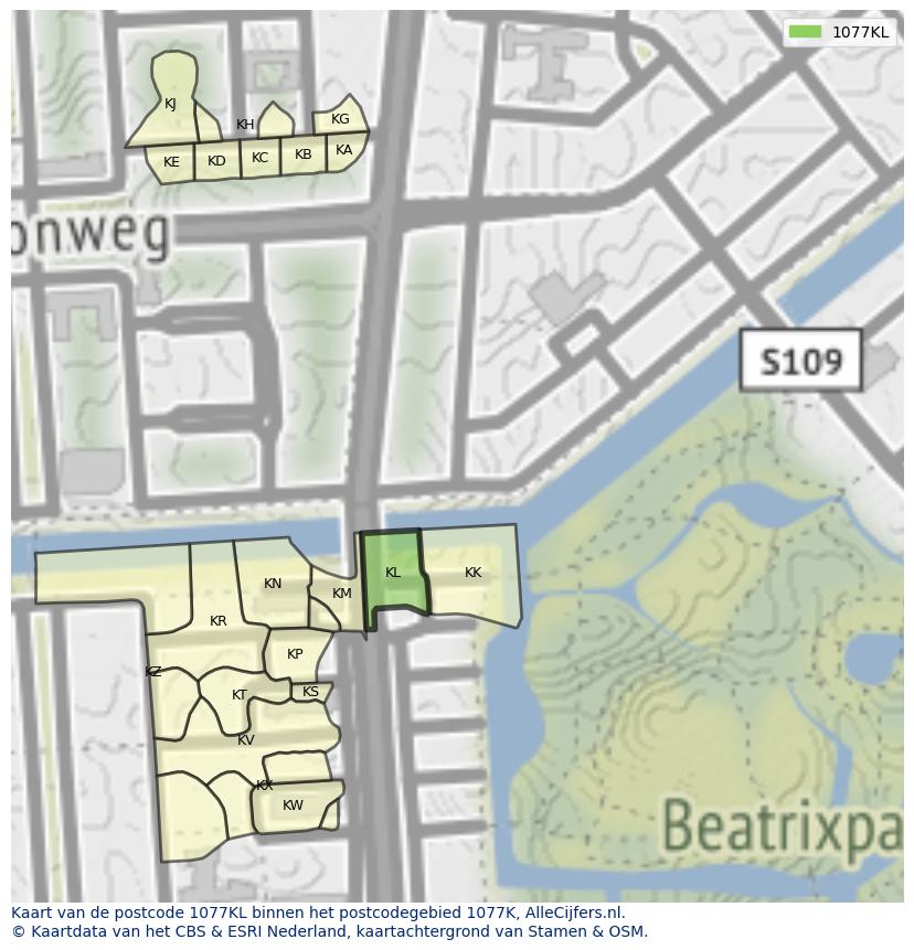 Afbeelding van het postcodegebied 1077 KL op de kaart.