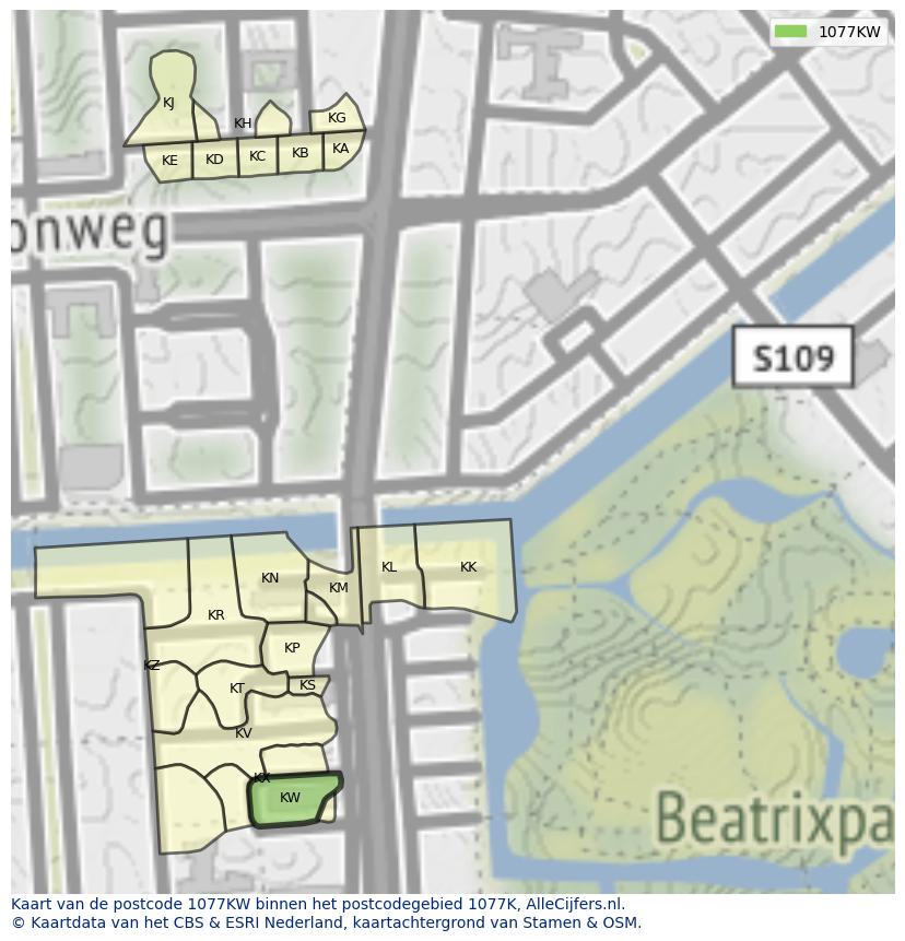 Afbeelding van het postcodegebied 1077 KW op de kaart.