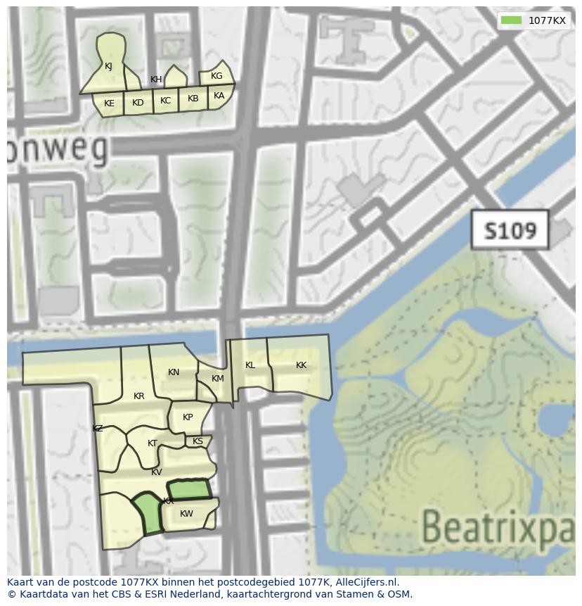 Afbeelding van het postcodegebied 1077 KX op de kaart.