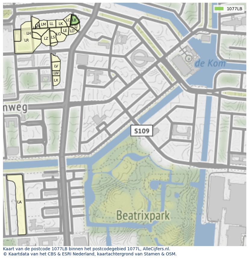 Afbeelding van het postcodegebied 1077 LB op de kaart.