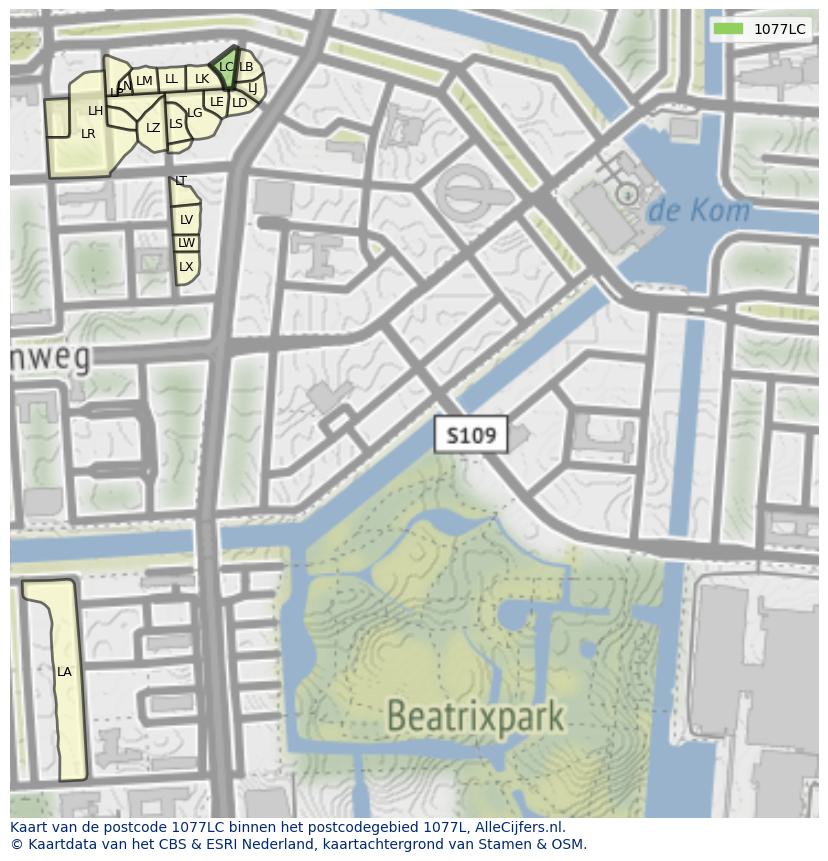 Afbeelding van het postcodegebied 1077 LC op de kaart.