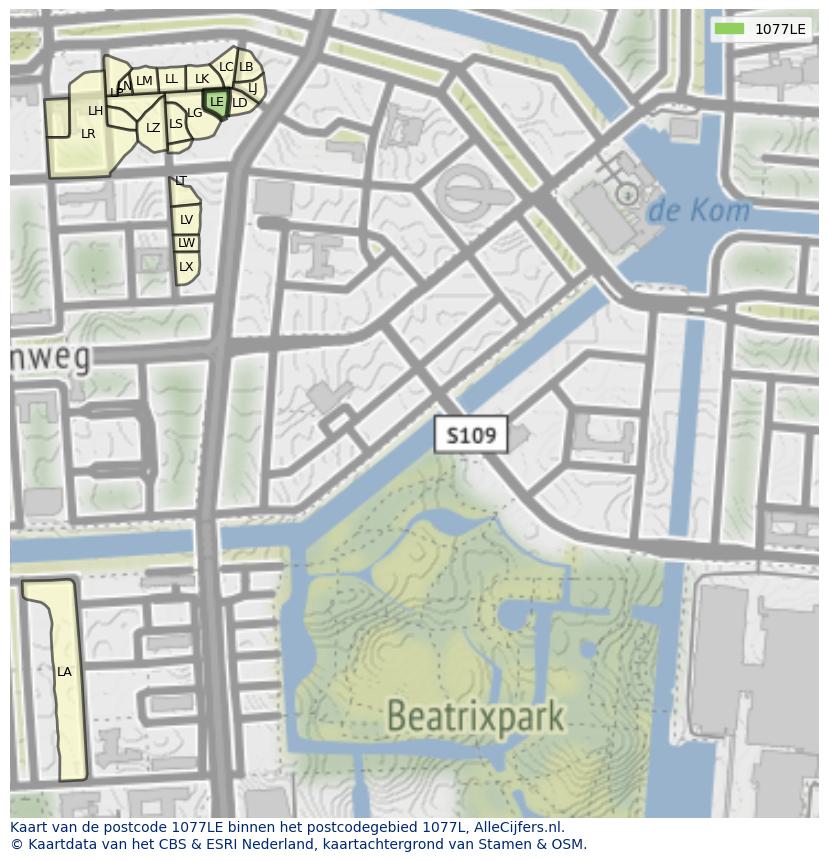 Afbeelding van het postcodegebied 1077 LE op de kaart.