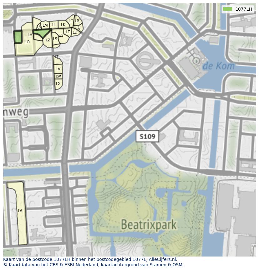 Afbeelding van het postcodegebied 1077 LH op de kaart.