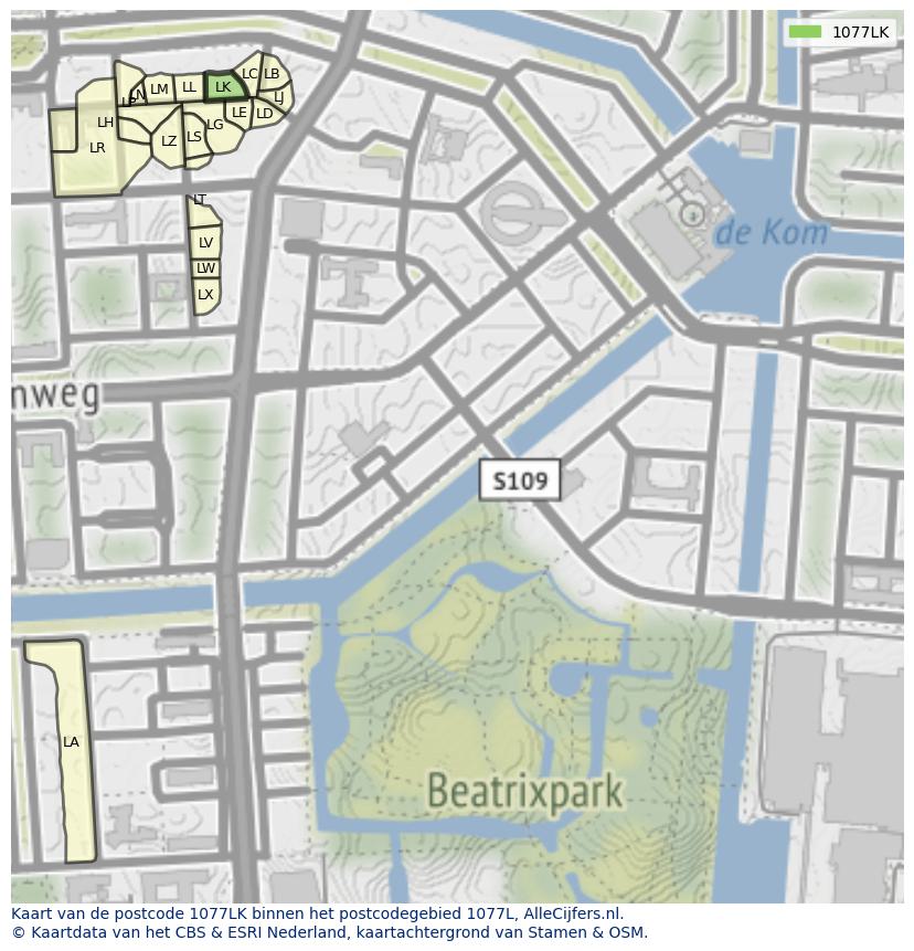 Afbeelding van het postcodegebied 1077 LK op de kaart.