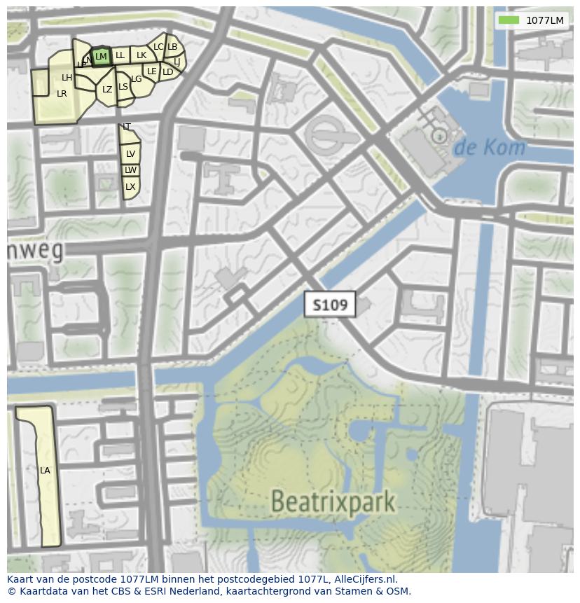 Afbeelding van het postcodegebied 1077 LM op de kaart.