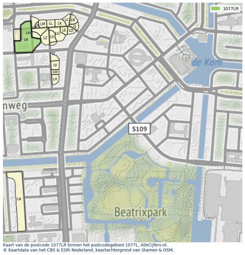 Afbeelding van het postcodegebied 1077 LR op de kaart.