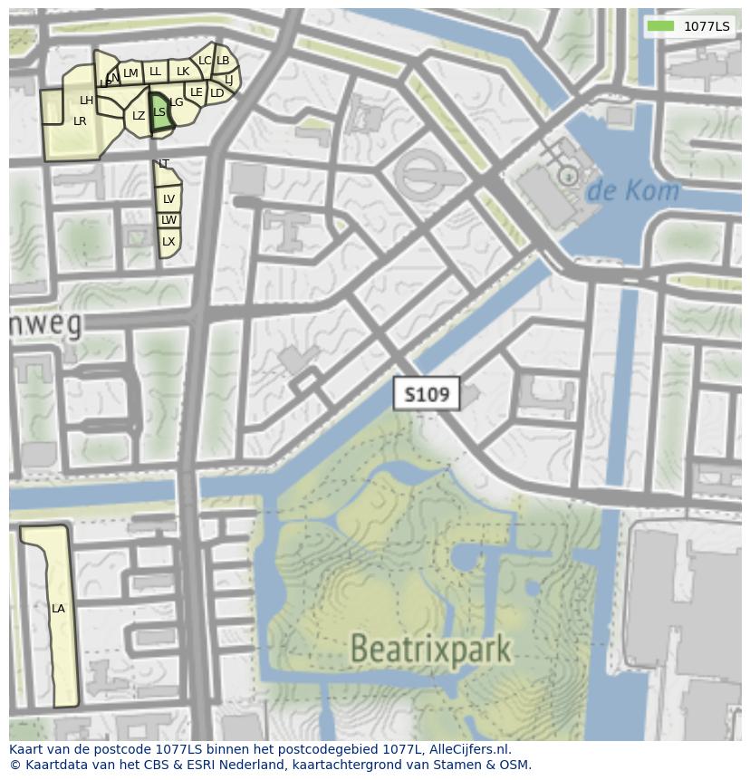 Afbeelding van het postcodegebied 1077 LS op de kaart.