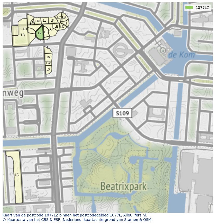 Afbeelding van het postcodegebied 1077 LZ op de kaart.