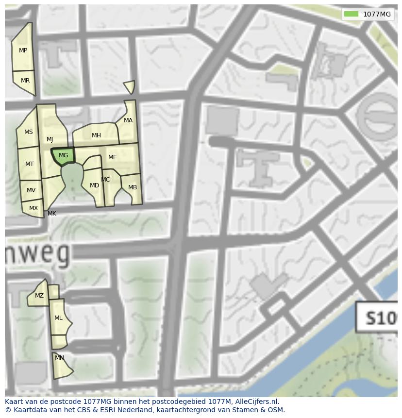 Afbeelding van het postcodegebied 1077 MG op de kaart.