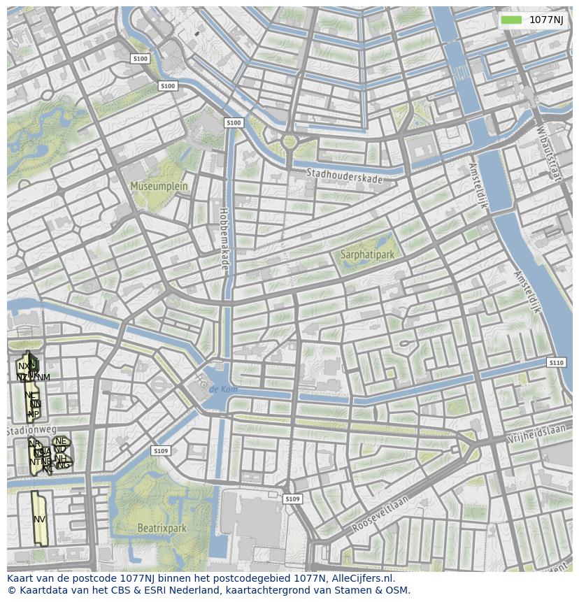 Afbeelding van het postcodegebied 1077 NJ op de kaart.