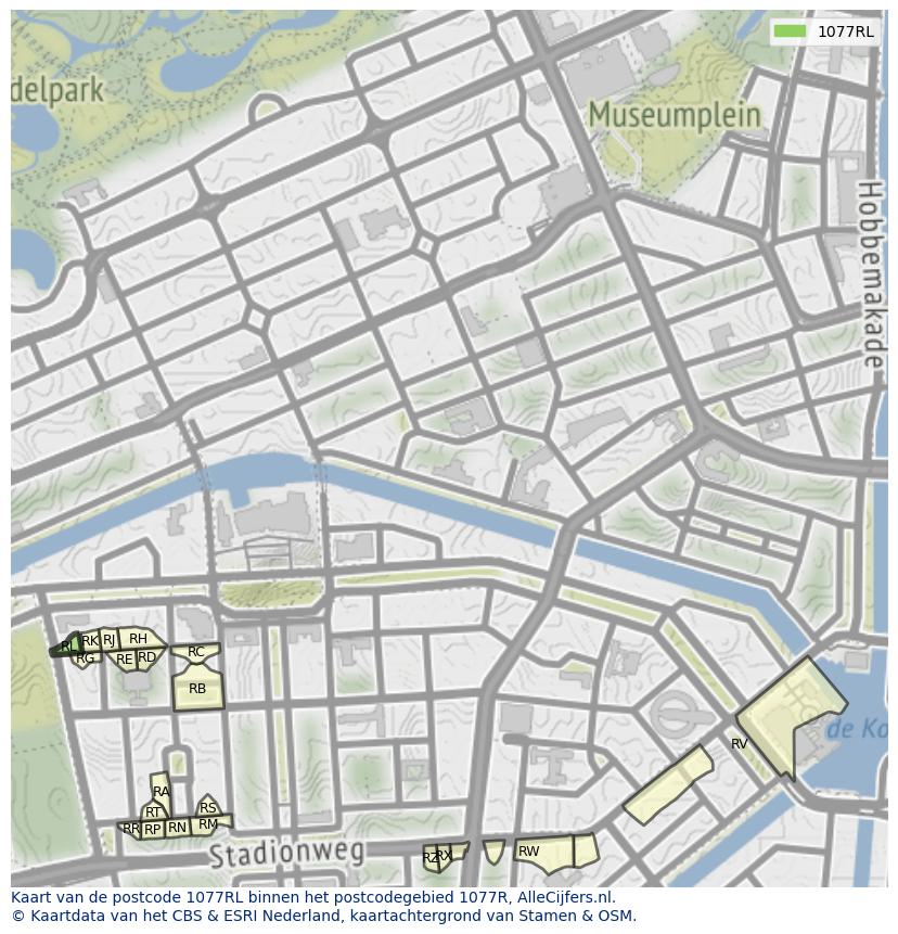 Afbeelding van het postcodegebied 1077 RL op de kaart.