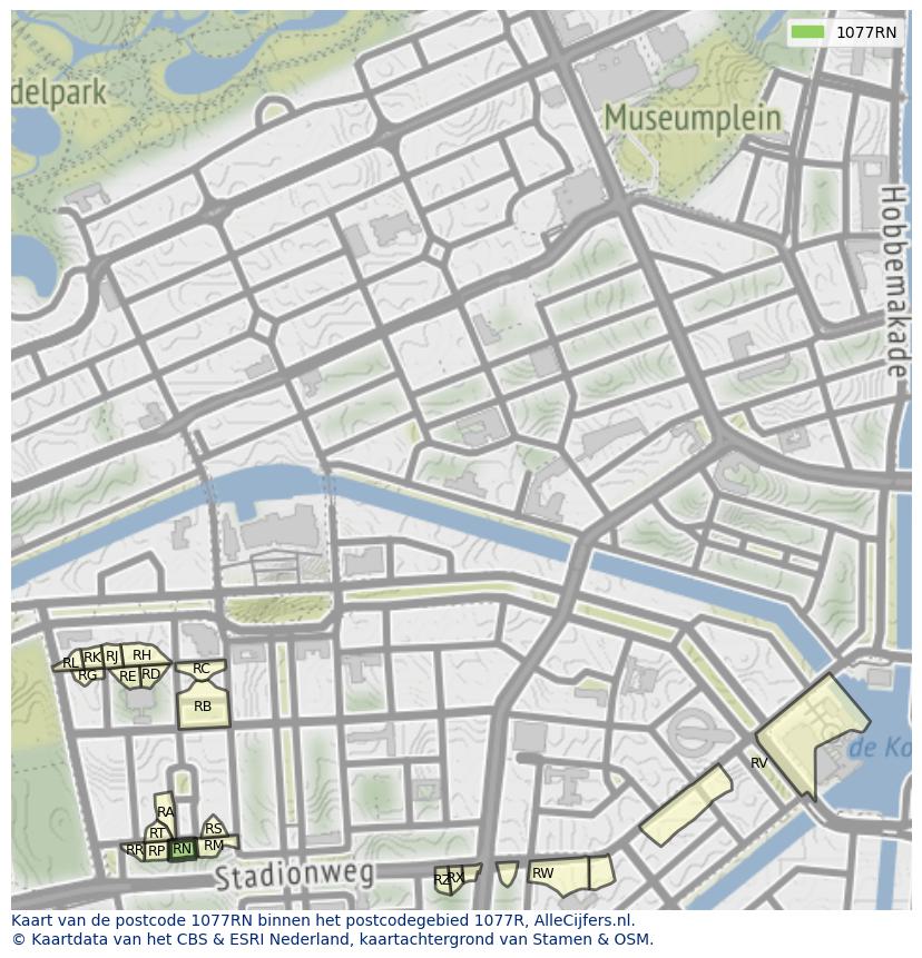 Afbeelding van het postcodegebied 1077 RN op de kaart.