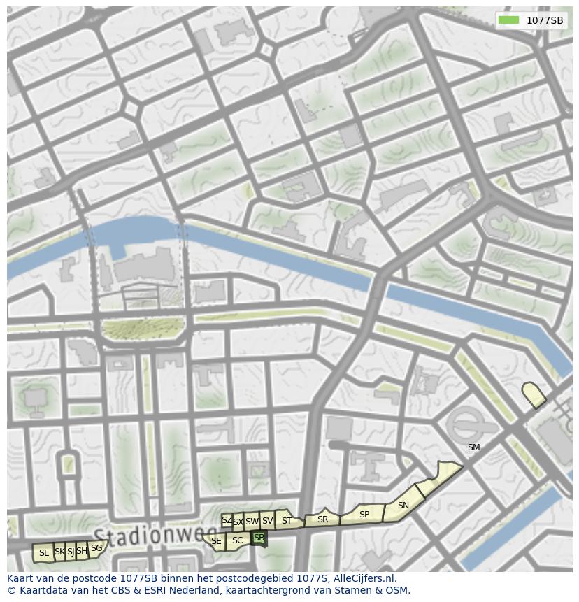 Afbeelding van het postcodegebied 1077 SB op de kaart.