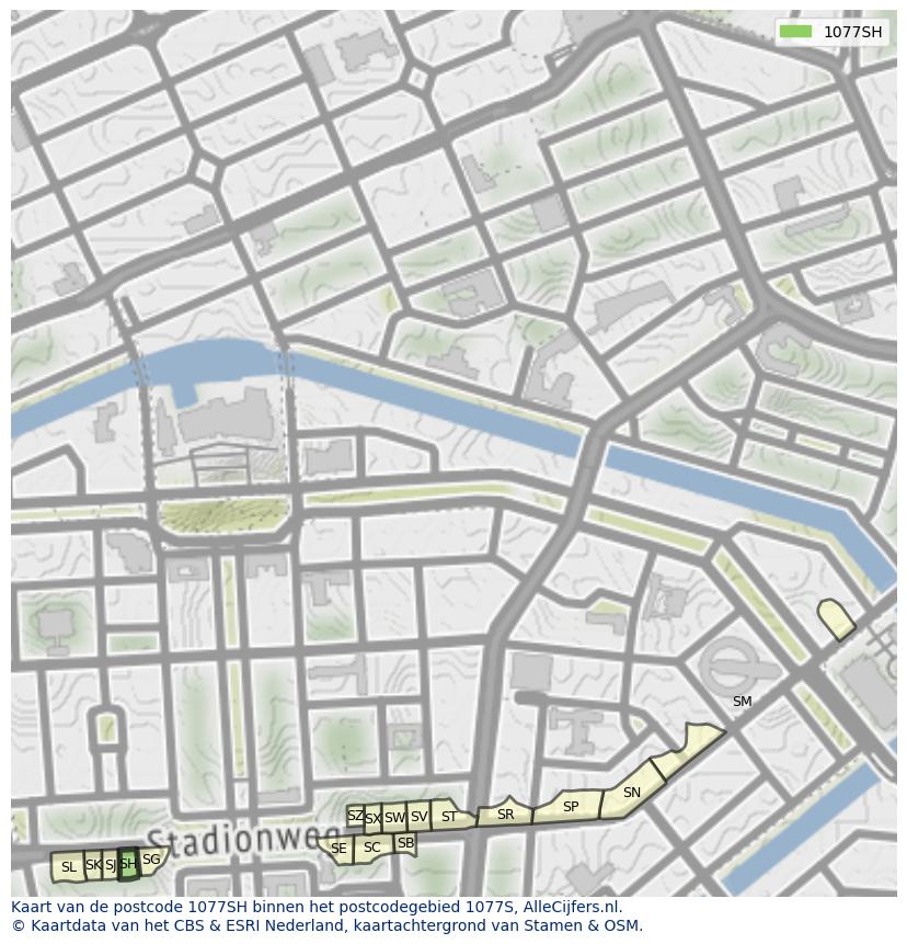 Afbeelding van het postcodegebied 1077 SH op de kaart.
