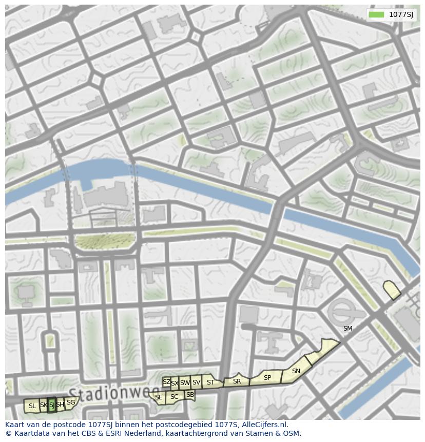 Afbeelding van het postcodegebied 1077 SJ op de kaart.