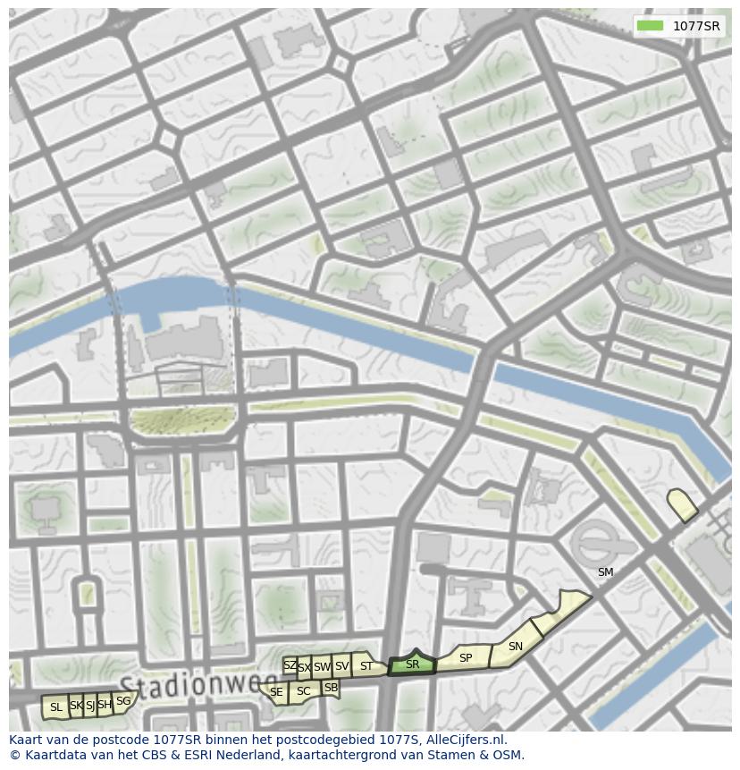 Afbeelding van het postcodegebied 1077 SR op de kaart.