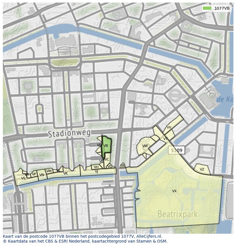 Afbeelding van het postcodegebied 1077 VB op de kaart.