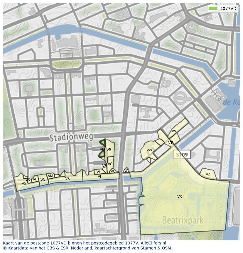 Afbeelding van het postcodegebied 1077 VD op de kaart.