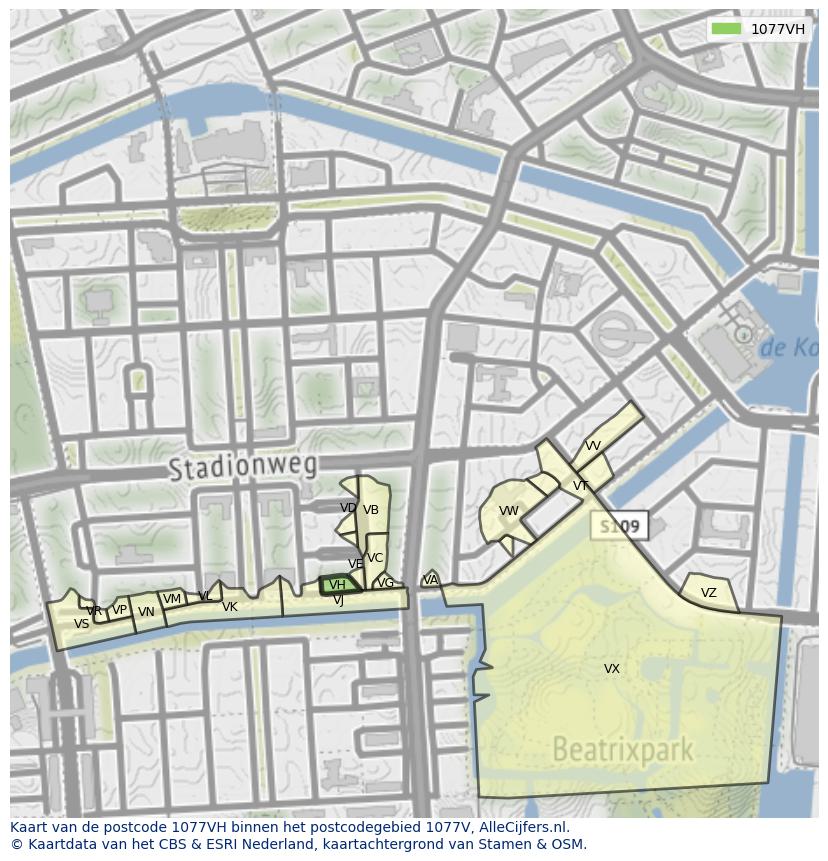 Afbeelding van het postcodegebied 1077 VH op de kaart.
